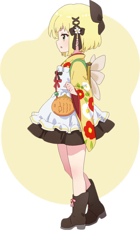 hara yui, gekka (prima doll), prima doll (anime), official art, 1girl, animal ears, anime coloring, apron, bag, black bow, blonde hair, blush, boots, bow, brown bag, brown boots, clenched hand, floral print, flower, from side, full body, green eyes, hair bow, hair flower, hair ornament, hand up, japanese clothes, kimono, long sleeves, open mouth, profile, red bow, short hair, short kimono, shoulder bag, solo, standing, two-tone background, white apron, white background, wide sleeves, x hair ornament, yellow background, yellow kimono