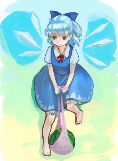cirno, embodiment of scarlet devil, touhou, 1girl, dress, female focus, food, fruit, full body, gradient background, solo, watermelon, wings