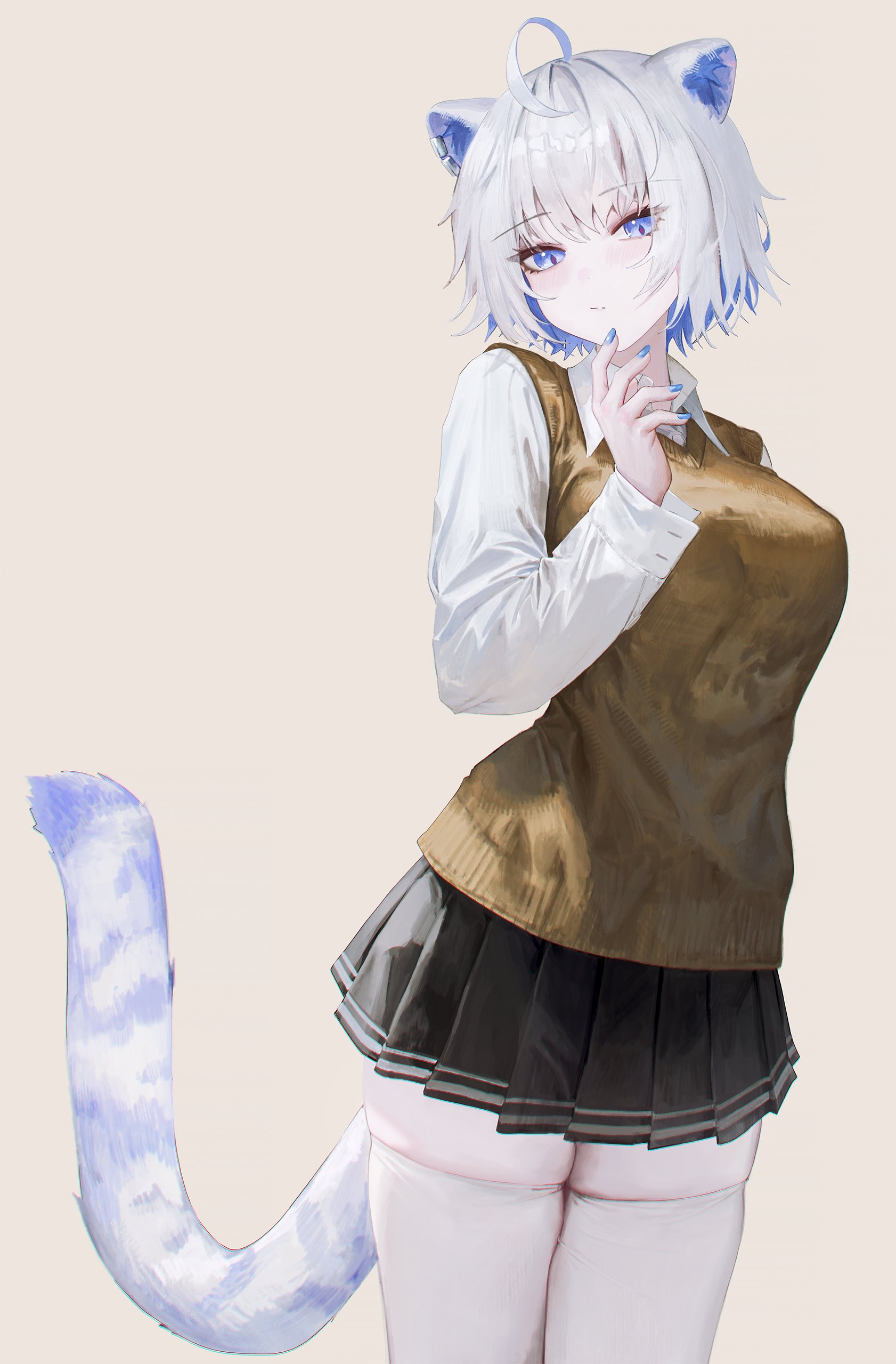 flippy (cripine111), original, absurdres, highres, 1girl, ahoge, animal ears, black skirt, blue eyes, blue hair, blue nails, breasts, brown sweater vest, closed mouth, collared shirt, cowboy shot, hand up, large breasts, long sleeves, looking at viewer, miniskirt, multicolored hair, nail polish, pleated skirt, shirt, short hair, simple background, skirt, solo, sweater vest, tail, thighhighs, white hair, white shirt, white thighhighs, zettai ryouiki