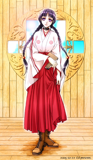 oz (invivi), kurotsuchi nemu, bleach, 00s, 1girl, black hair, book, boots, braid, choker, female focus, hakama, hakama skirt, japanese clothes, long hair, miko, purple eyes, purple hair, red hakama, skirt, solo, twin braids