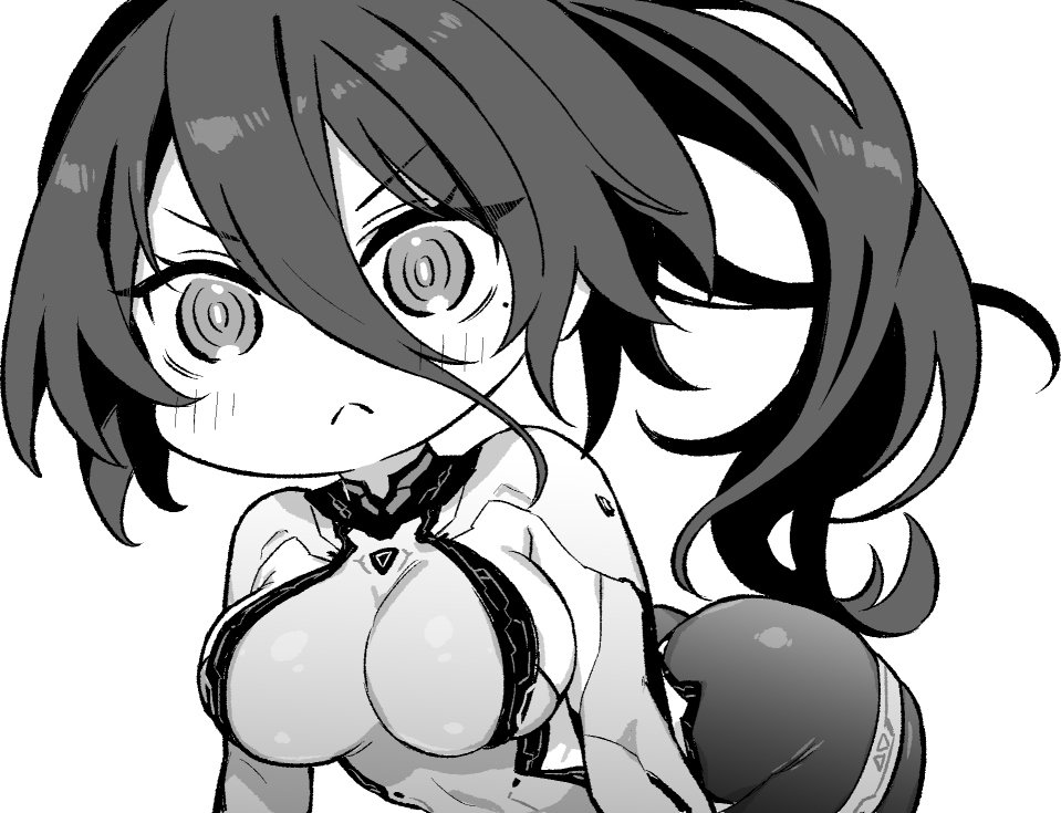 hori (hori no su), kansas (azur lane), azur lane, azur lane: slow ahead, 1girl, :c, bodysuit, breasts, chibi, chibi only, greyscale, high ponytail, large breasts, long bangs, long hair, looking at viewer, mole, mole under eye, monochrome, ponytail, simple background, solo, white background