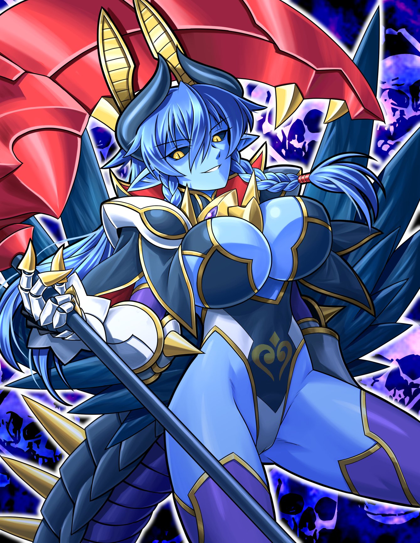 shinrabanshou, highres, 1girl, arm armor, black wings, blue hair, blue skin, braid, breasts, cleavage cutout, clothing cutout, colored sclera, colored skin, demon girl, demon horns, demon tail, demon wings, hair ornament, highleg, highleg leotard, holding, holding scythe, horns, large breasts, leotard, long hair, low twin braids, purple thighhighs, ravina (shinrabanshou), scythe, sibelube, solo, tail, thighhighs, twin braids, wings, yellow eyes