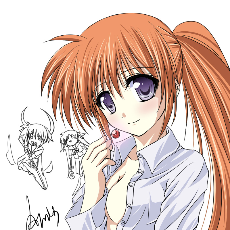 amicis, raising heart, takamachi nanoha, lyrical nanoha, mahou shoujo lyrical nanoha, 00s, 1girl, brown hair, female focus, long hair, no bra, open clothes, open shirt, purple eyes, shirt, solo