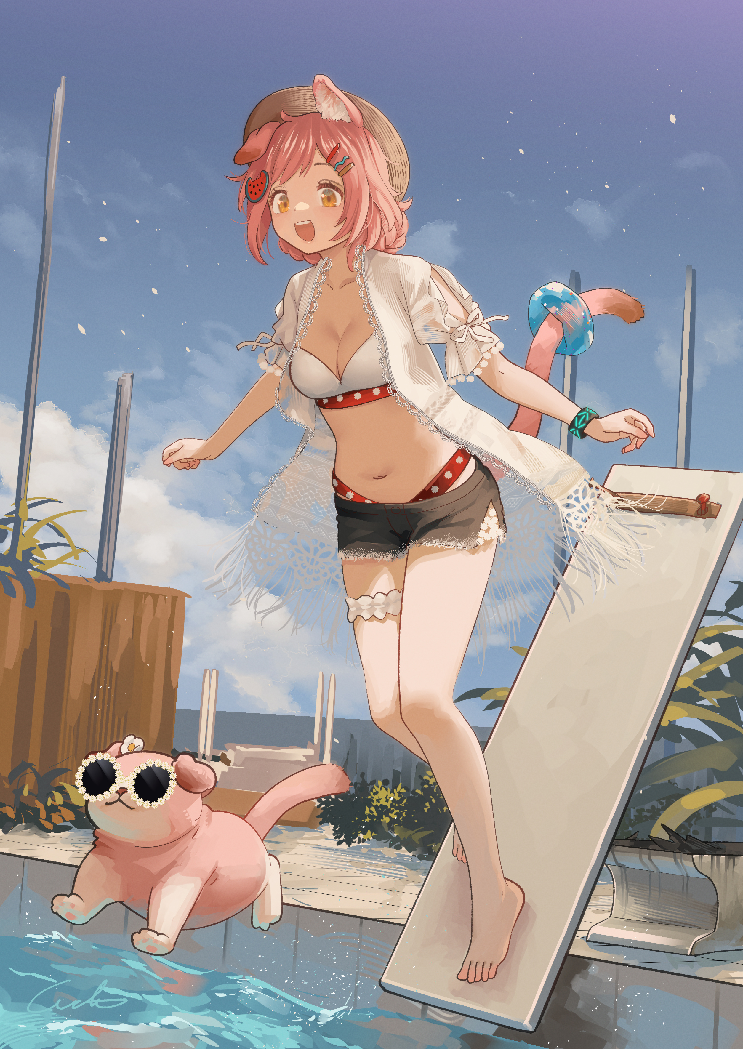 welt (kinsei koutenkyoku), goldenglow (arknights), goldenglow (summer flowers) (arknights), arknights, absurdres, commentary request, highres, 1girl, animal ears, barefoot, bikini, breasts, cat ears, cat girl, cat tail, cleavage, medium breasts, navel, official alternate costume, pink hair, shorts, sky, smile, solo, sunglasses, swimsuit, tail
