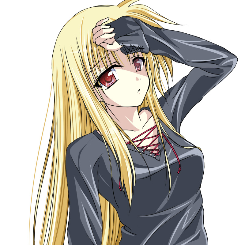 amicis, fate testarossa, lyrical nanoha, mahou shoujo lyrical nanoha, mahou shoujo lyrical nanoha strikers, hand on forehead, 00s, 1girl, blonde hair, female focus, long hair, red eyes, solo, upper body