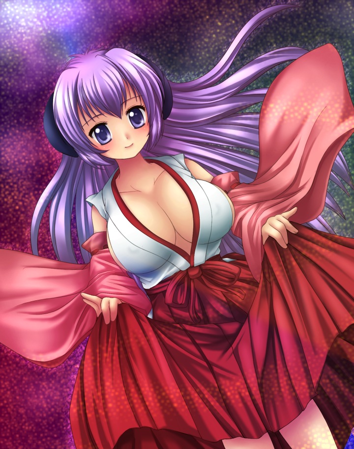 urute, hanyuu, higurashi no naku koro ni, alternate breast size, 00s, 1girl, blush, breasts, cleavage, clothes lift, detached sleeves, dress, dress lift, female focus, horns, japanese clothes, large breasts, long hair, miko, purple eyes, purple hair, smile, solo