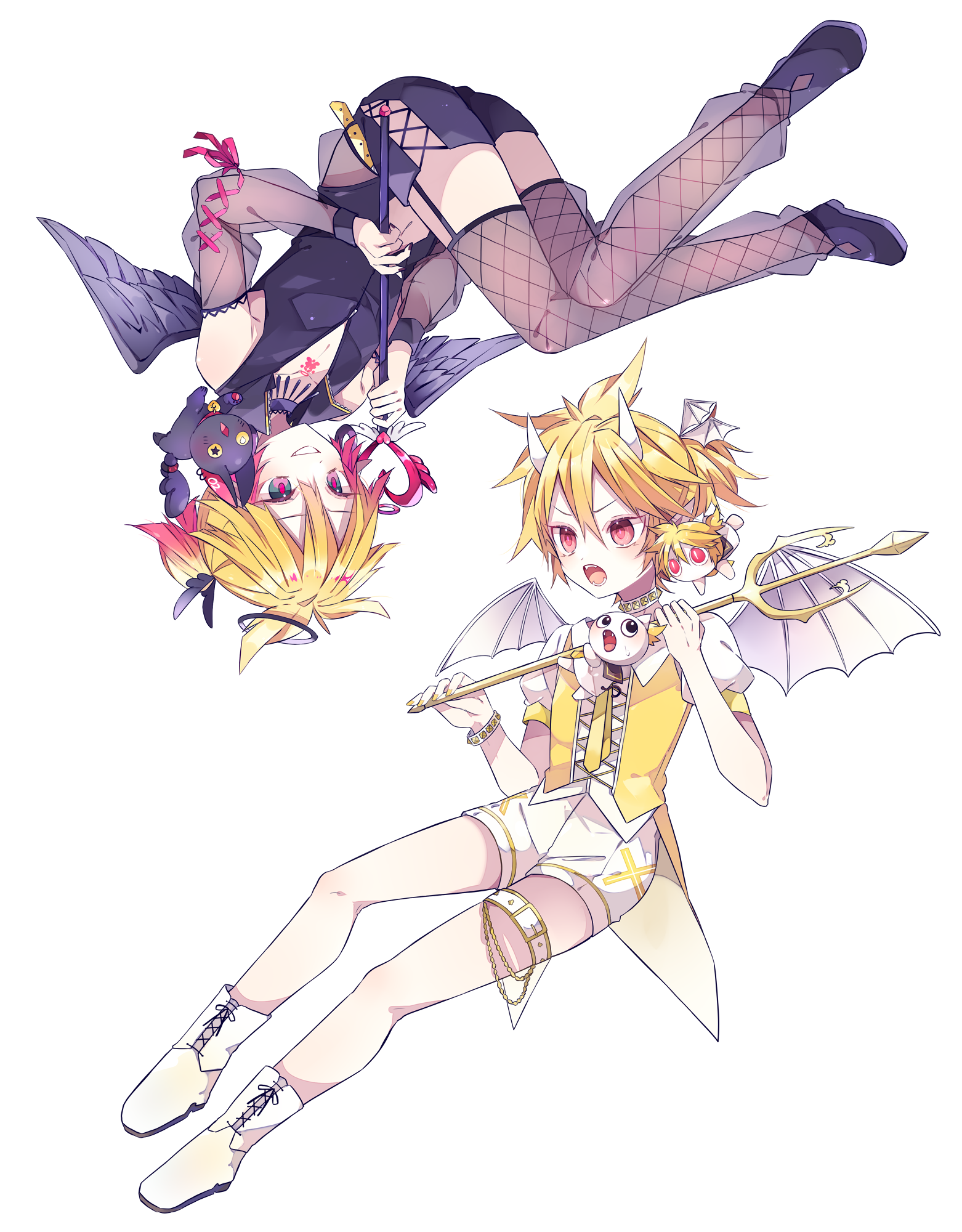 kaho 0102, aimaina, kagamine len, vocaloid, highres, 2boys, bare shoulders, bat wings, black shirt, black shoes, black shorts, black sleeves, black wings, blonde hair, blush, boots, brown thighhighs, detached sleeves, double-parted bangs, dual persona, feathered wings, fishnet thighhighs, fishnets, full body, green eyes, grin, hair between eyes, holding, holding polearm, holding wand, holding weapon, horns, long sleeves, male focus, multiple boys, open mouth, polearm, red eyes, red pupils, see-through clothes, see-through sleeves, shirt, shoes, short hair, short sleeves, shorts, simple background, sleeveless, sleeveless shirt, smile, thigh strap, thighhighs, trident, vest, wand, weapon, white background, white boots, white horns, white shirt, white shorts, white wings, wings, yellow vest