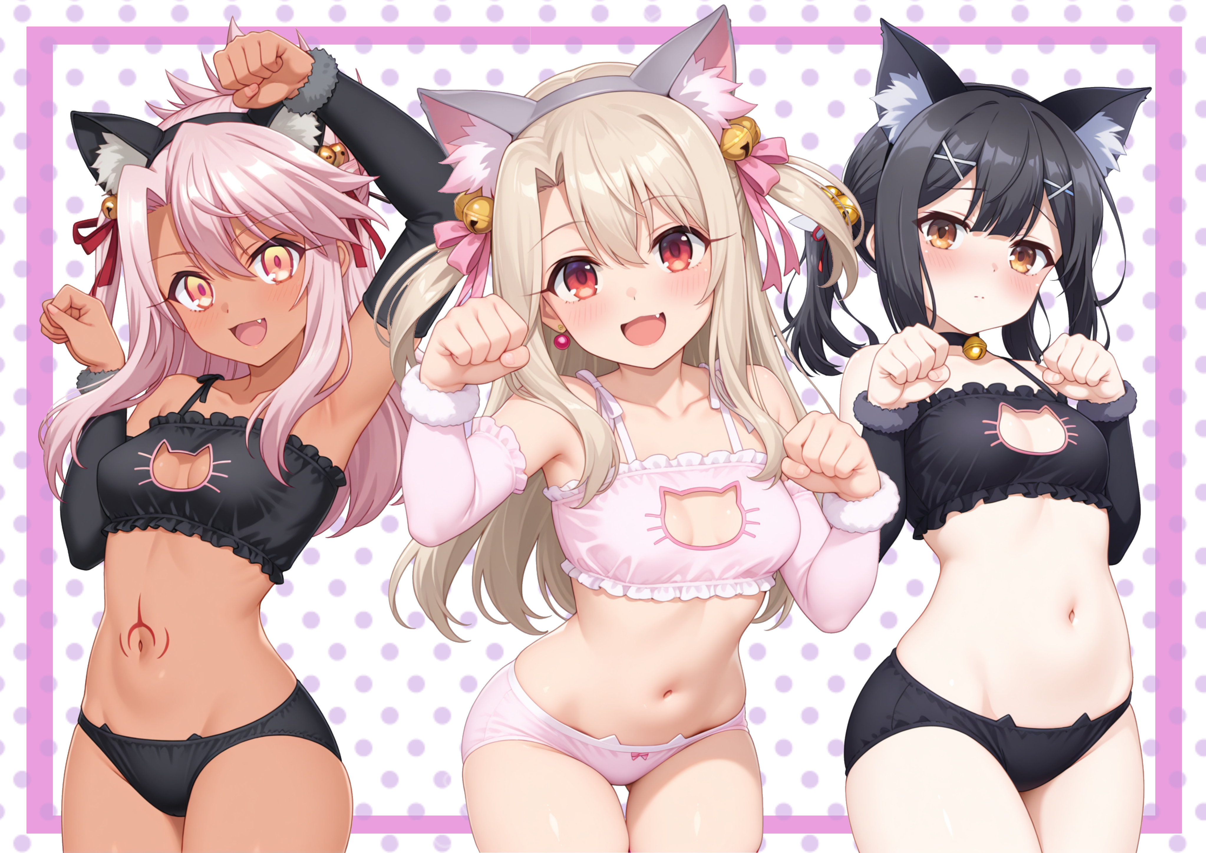 chloe von einzbern, illyasviel von einzbern, miyu edelfelt, fate/kaleid liner prisma illya, fate (series), absurdres, highres, 3girls, asahi (pixiv 117486286), black hair, cat lingerie, hair ornament, looking at viewer, multiple girls, pink hair, red eyes, underwear, yellow eyes