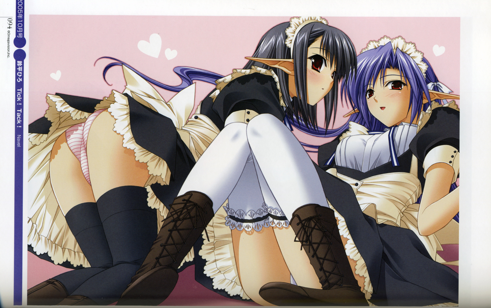 suzuhira hiro, ai (tick! tack!), sage (tick! tack!), shuffle!, tick! tack!, black legwear, white legwear, scan, 00s, 2girls, ass, bent over, black hair, blue hair, blush, boots, heart, long hair, maid, multiple girls, panties, pantyshot, pointy ears, red eyes, short hair, striped clothes, striped panties, thighhighs, underwear, white panties