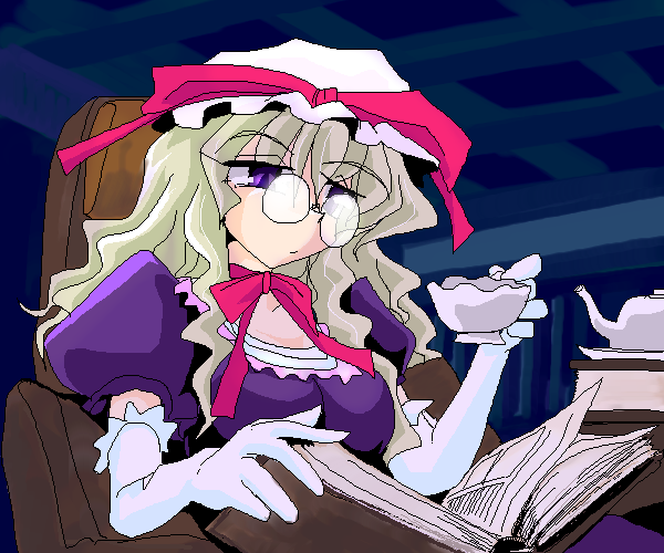 kieyza, kiezya, yakumo yukari, touhou, 1girl, bespectacled, book, cup, elbow gloves, female focus, glasses, gloves, hat, indoors, oekaki, open book, reading, solo, teacup, upper body