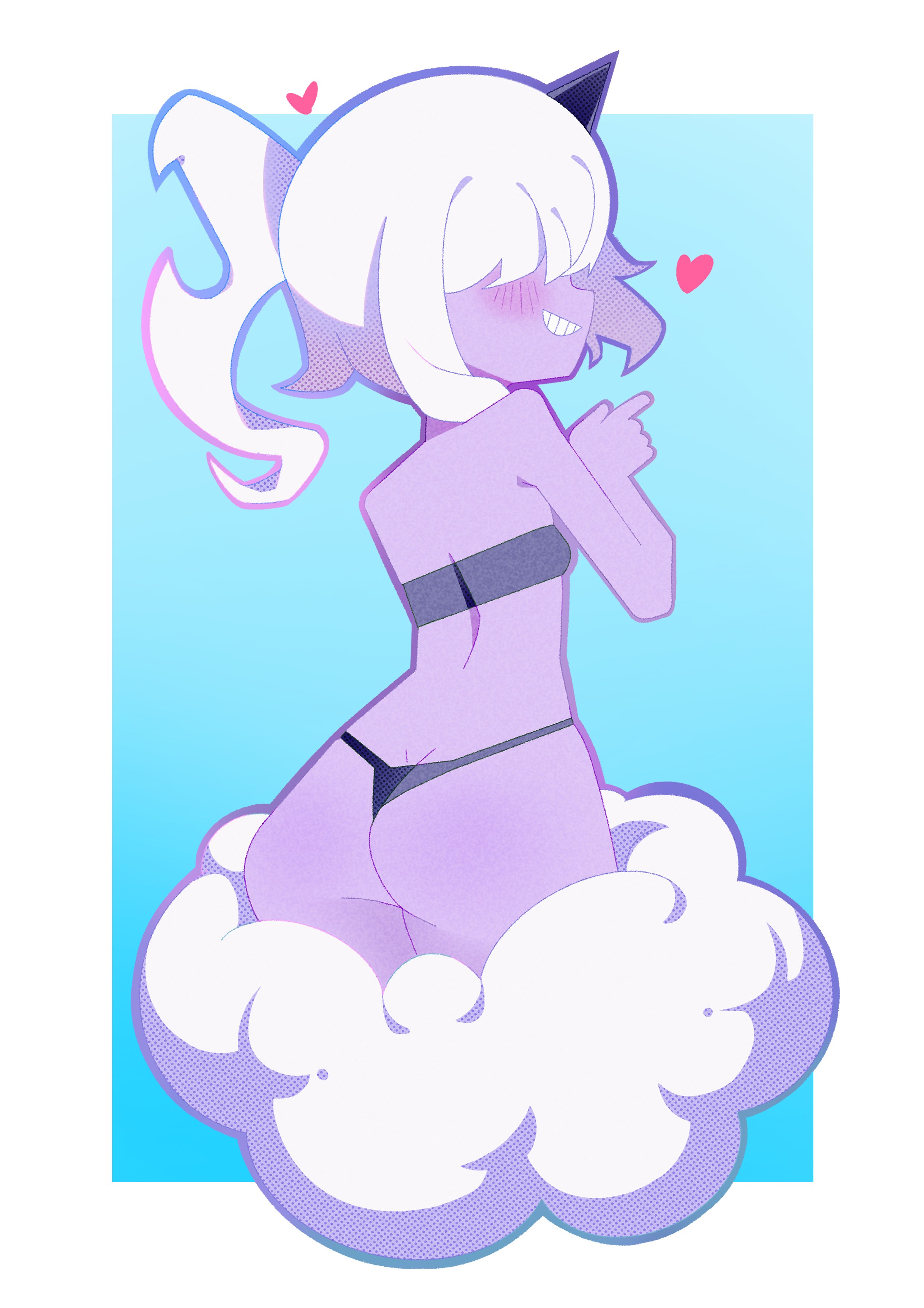 noxtwice, dazzi, palworld, absurdres, highres, 1girl, ass, blush, cloud, colored skin, hair over eyes, heart, horns, long hair, pal (creature), panties, ponytail, purple horns, purple panties, purple skin, purple tube top, single horn, solo, strapless, tube top, underwear, white hair