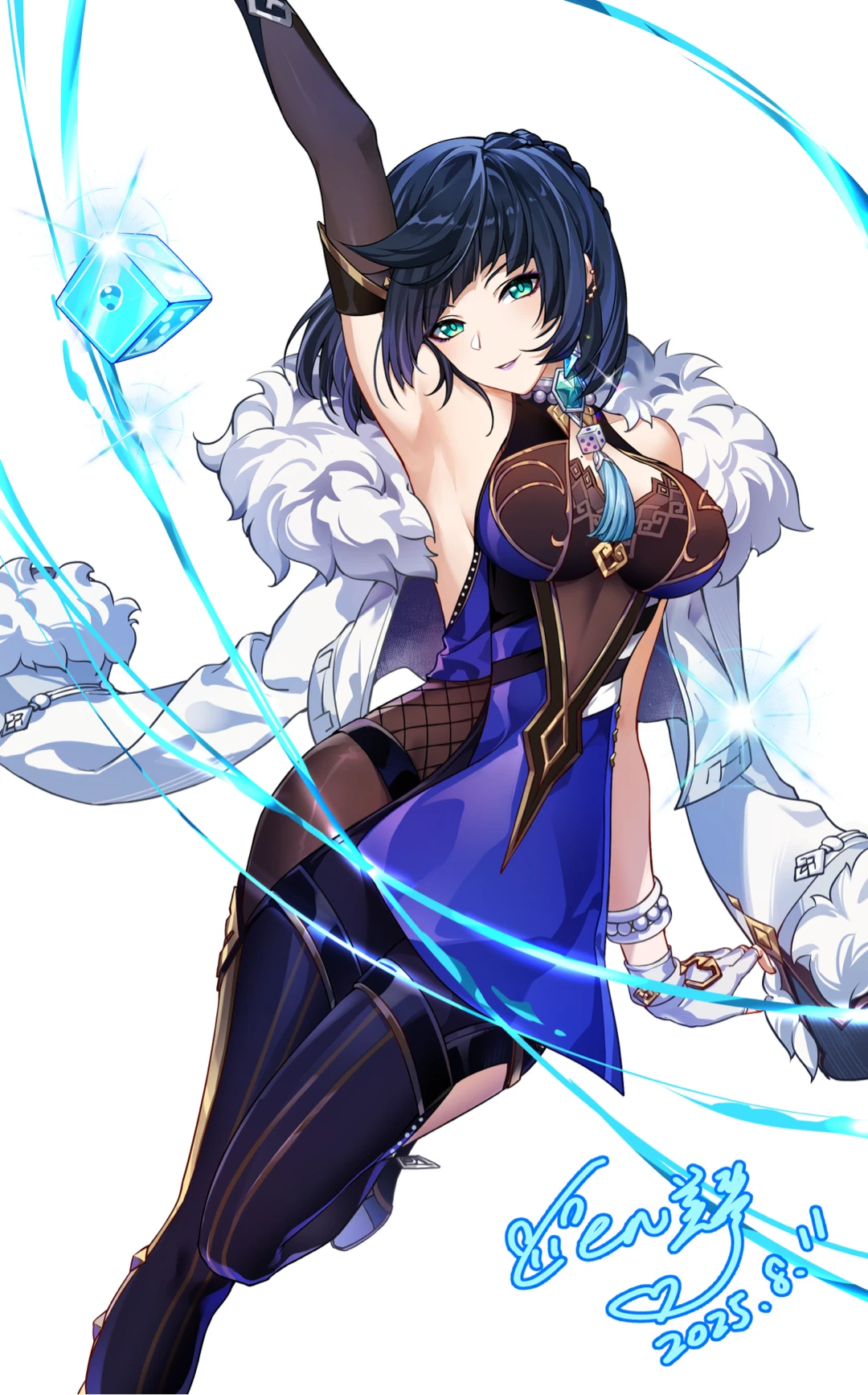 cen (cenll), yelan (genshin impact), genshin impact, highres, 1girl, artist name, blunt bangs, breasts, dated, dice, earrings, fingerless gloves, fur-trimmed jacket, fur trim, gloves, gradient hair, green eyes, high heels, jacket, jewelry, multicolored hair, purple lips, short hair, smile, solo, white background, white gloves