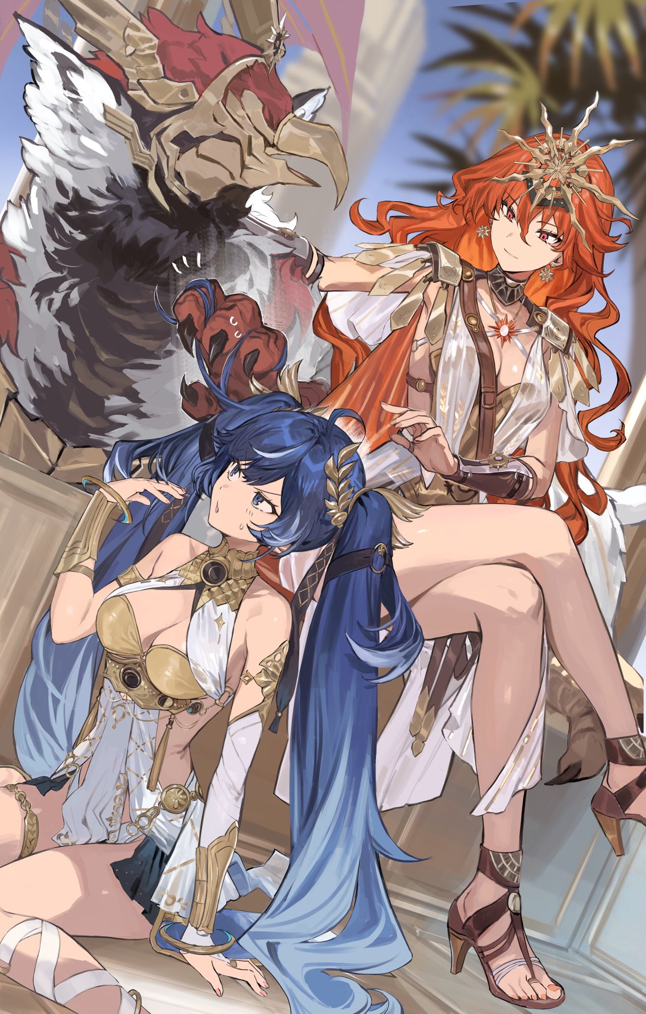 hashibiro kou (garapiko p), augusta (wuthering waves), iuno (wuthering waves), wuthering waves, commentary request, highres, 2girls, arm armor, armlet, armor, bare shoulders, black collar, black skirt, blue eyes, blue hair, blurry, blurry background, breastplate, breasts, cleavage, closed mouth, collar, crossed legs, dress, earrings, gold bra, gradient hair, hair between eyes, hand up, head wreath, headgear, high heels, jewelry, long hair, looking at animal, looking at another, medium breasts, multicolored hair, multiple girls, nail polish, orange eyes, orange hair, orange nails, outdoors, parted lips, petting, showgirl skirt, sitting, skirt, smile, streaked hair, sun earrings, sun necklace, sweatdrop, tacet discord (wuthering waves), thighlet, thighs, toenail polish, toenails, twintails, very long hair, white dress