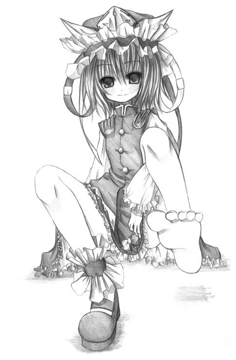 kurona, shiki eiki, touhou, 1girl, barefoot, dress, feet, female focus, full body, greyscale, hat, monochrome, simple background, solo, white background