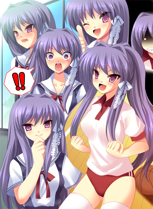 yukizuki chikuba, fujibayashi kyou, clannad, 00s, 1girl, ball, basketball, basketball (object), gym uniform, hair ornament, long hair, one eye closed, open mouth, purple eyes, purple hair, school uniform, serafuku, smile, thighhighs, white thighhighs