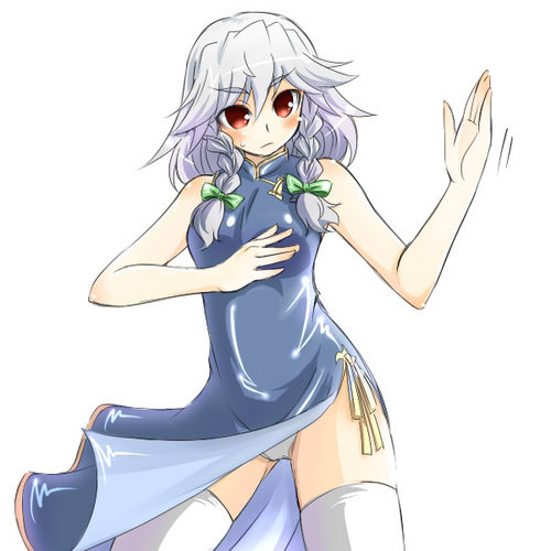 tajima yuuki, izayoi sakuya, touhou, silver hair, jpeg artifacts, lowres, 1girl, bare shoulders, blush, china dress, chinese clothes, dress, embarrassed, female focus, fighting stance, frown, panties, pantyshot, red eyes, side slit, solo, thighhighs, underwear, white background, white thighhighs
