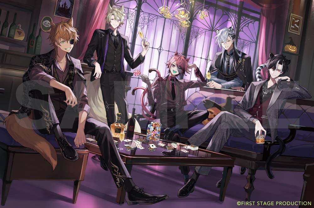 woonak, first stage production, official art, 5boys, :d, alcohol, alternate costume, animal ears, belt, belt buckle, black belt, black coat, black hair, black jacket, black nails, black necktie, black pants, black shoes, black socks, black suit, black vest, blonde hair, blue socks, bottle, braid, brooch, brown hair, buckle, candy, card, carpet, cassian floros, cat boy, cat ears, cat tail, champagne flute, chandelier, closed mouth, coat, coat on shoulders, coffee table, collared shirt, colored skin, colored tongue, copyright notice, couch, crossed legs, cuff links, cup, curtained hair, curtains, dress shoes, drinking glass, dutch angle, elbow on knee, elbow rest, eyepatch, figure four sitting, food, formal clothes, fox boy, fox ears, fox tail, full body, gale galleon, glass table, green eyes, green tongue, grey eyes, grey jacket, grey pants, grey shirt, grey skin, grey suit, grin, group picture, hair between eyes, halloween, head rest, holding, holding candy, holding cup, holding food, holding lollipop, indoors, jack-o'-lantern, jacket, jacket on shoulders, jewelry, kemonomimi mode, knee up, lapel pin, lapels, leaning on object, leopard boy, leopard ears, leopard tail, lollipop, long hair, long sleeves, looking at viewer, lucien lunaris, male focus, multicolored hair, multiple boys, multiple tails, muntins, necklace, necktie, nekomata, notched lapels, open clothes, open collar, open jacket, open mouth, oxfords, pants, parted lips, patchwork skin, photo (object), pink eyes, pink hair, pink jacket, pink shirt, playing card, pointy ears, print pants, purple scarf, purple shirt, red eyes, red vest, rosco graves, sample watermark, scarf, shelf, shirt, shoes, short hair, side braid, side part, sideways glance, sitting, smile, socks, standing, stitched face, stitches, stole, stool, streaked hair, suit, suit jacket, sweater guard, swirl lollipop, table, tail, tiger boy, tiger ears, tiger tail, two tails, vest, virtual youtuber, watermark, whiskey, white hair, window, wine bottle, wing collar, wolf boy, wolf ears, wolf tail, yellow eyes, zander netherbrand, zombie
