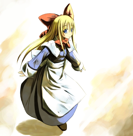 sorano eika, shanghai doll, touhou, 1girl, apron, blonde hair, blue dress, bow, bowtie, doll, dress, female focus, hair bow, long hair, long sleeves, looking at viewer, red bow, red bowtie, sidelocks, solo, very long hair, waist apron
