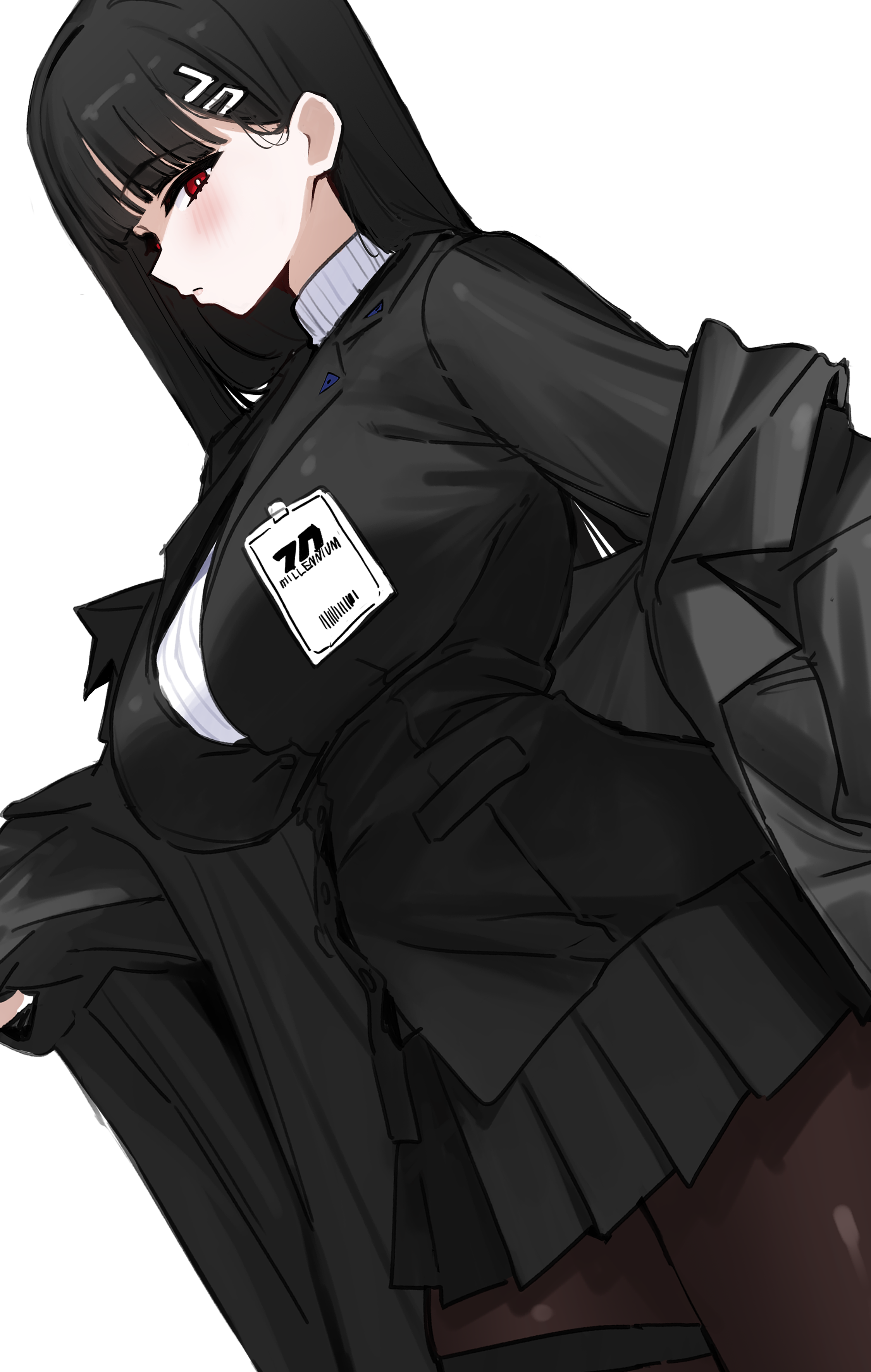 koppepan agp, rio (blue archive), blue archive, absurdres, highres, 1girl, black coat, black hair, black jacket, black pantyhose, black skirt, blunt bangs, blush, closed mouth, coat, hair behind ear, jacket, looking at viewer, pantyhose, pleated skirt, red eyes, skirt, solo, sweater, thigh strap, turtleneck, turtleneck sweater, white sweater