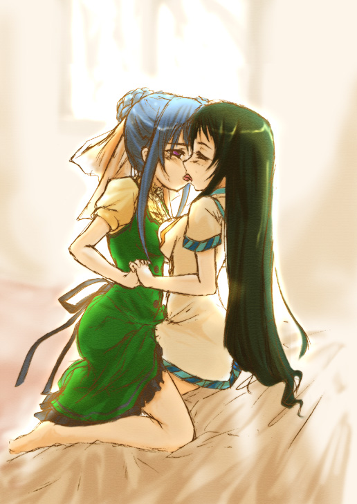 urutsu sahari, nanto yaya, suzumi tamao, strawberry panic!, 00s, 2girls, barefoot, black hair, blue hair, blush, bow, breasts, eye contact, french kiss, hair bun, holding hands, kiss, long hair, looking at another, multiple girls, on bed, open mouth, ribbon, school uniform, single hair bun, tongue, yuri