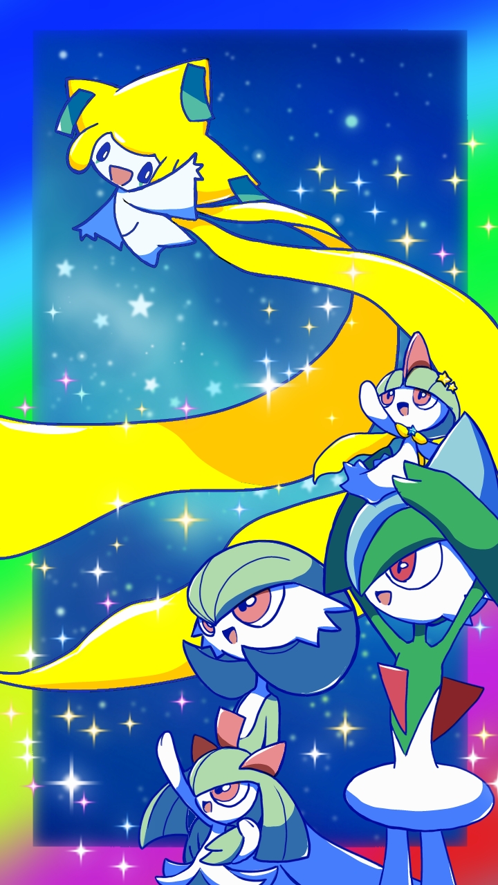 monya, gallade, gardevoir, jirachi, kirlia, ralts, nintendo, pokemon, 1boy, 2girls, 2others, arm up, arms up, black sclera, blue hair, blue sky, blunt bangs, bob cut, bowl cut, cape, clothed pokemon, colored sclera, colored skin, cowboy shot, evolutionary line, eye contact, family, flat chest, floating, full body, gen 3 pokemon, gen 4 pokemon, green hair, green skin, hair between eyes, hair ornament, hair over one eye, hand on another's arm, hand up, happy, hug, legendary pokemon, long hair, looking at another, looking back, looking up, mohawk, multicolored hair, multicolored skin, multiple girls, multiple others, mythical pokemon, night, on head, one eye covered, open mouth, outdoors, outstretched arm, pokemon (creature), pokemon on head, rainbow border, rainbow gradient, red eyes, short hair, sidelocks, sky, smile, sparkle, standing, star (sky), star (symbol), star hair ornament, starry sky, two-tone hair, two-tone skin, waving, white eyes, white skin, yellow cape
