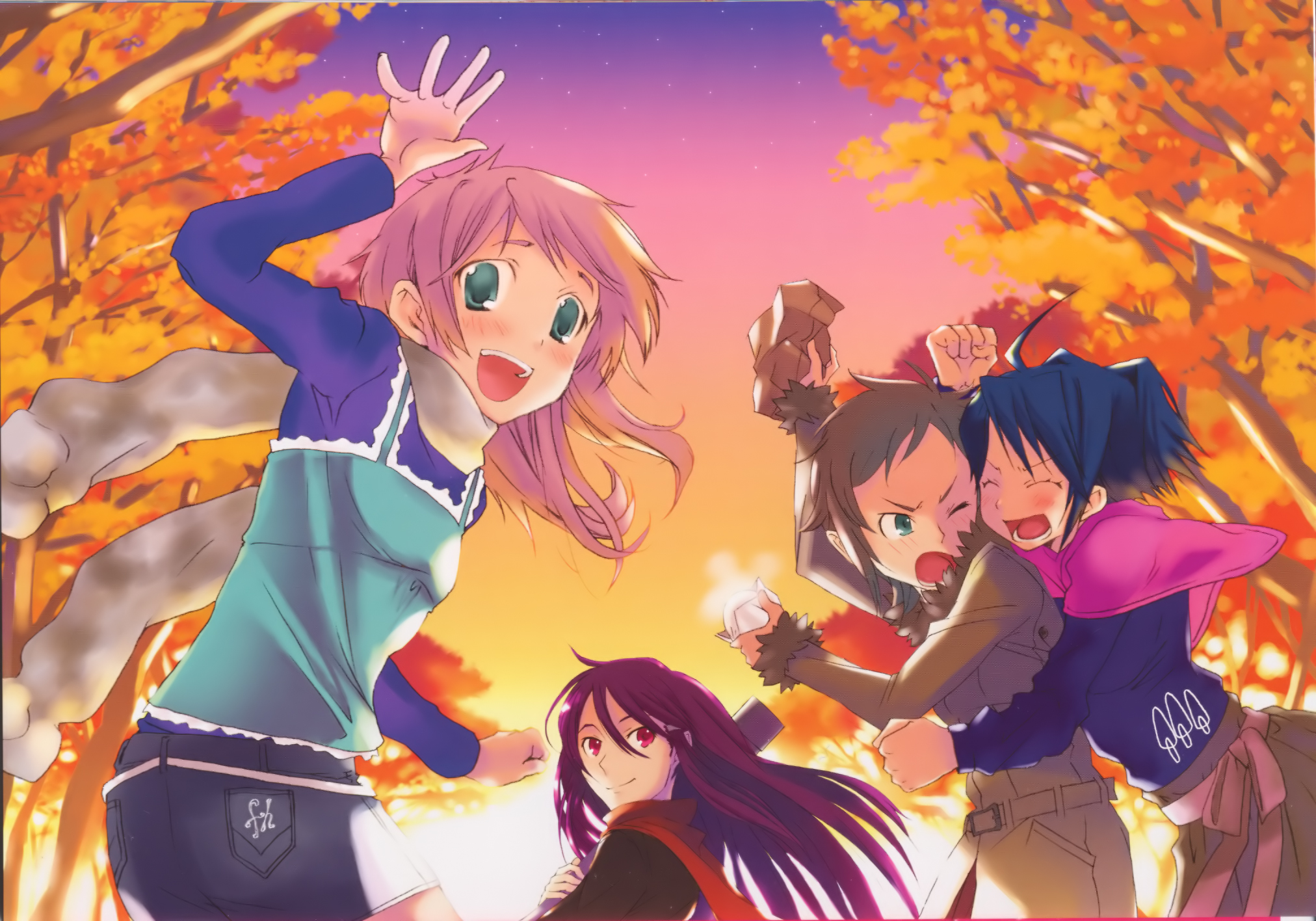 kazakami shun, magi-cu, highres, scan, autumn, blush, happy, leaf, scarf, smile, waving