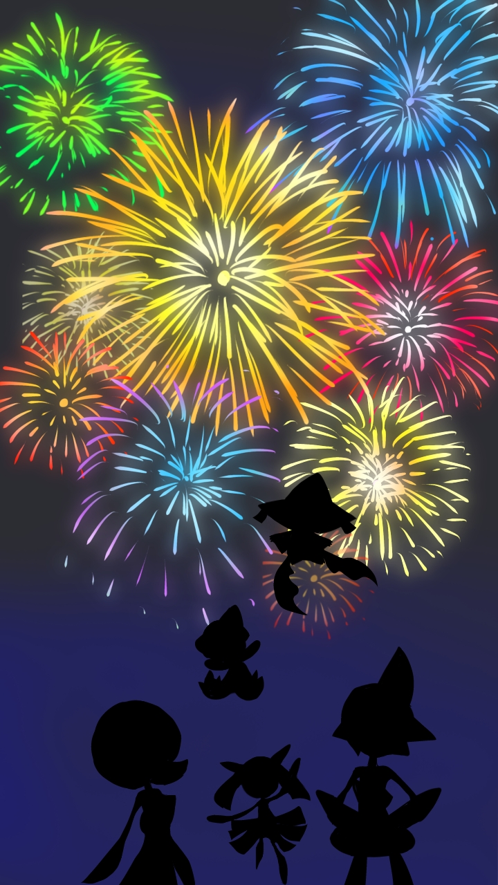 monya, gallade, gardevoir, jirachi, kirlia, ralts, nintendo, pokemon, 1boy, 2girls, 2others, arm up, arms at sides, evolutionary line, family, fireworks, floating, from behind, gen 3 pokemon, gen 4 pokemon, hands on own hips, legendary pokemon, medium hair, multiple girls, multiple others, mythical pokemon, night, outdoors, pokemon (creature), short hair, silhouette, standing