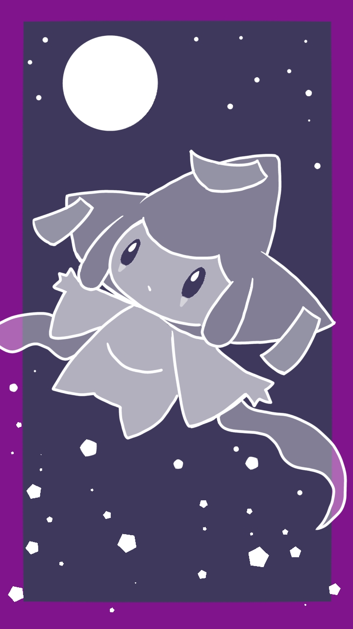 monya, jirachi, nintendo, pokemon, 1other, border, closed mouth, expressionless, floating, full body, full moon, gen 3 pokemon, grey background, legendary pokemon, monochrome, moon, mythical pokemon, night, other focus, outdoors, outside border, pokemon (creature), purple border, sky, solo, star (sky), starry sky