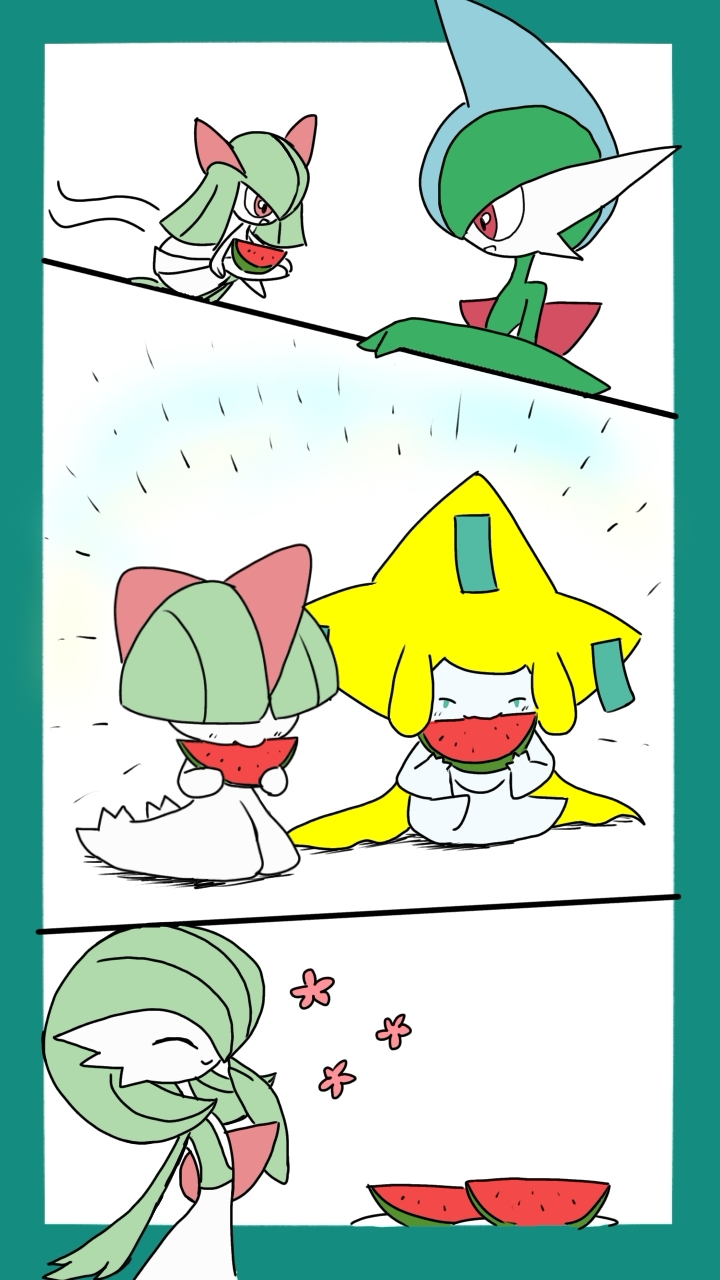 monya, gallade, gardevoir, jirachi, kirlia, ralts, nintendo, pokemon, 1boy, 2girls, 2others, ^ ^, blunt bangs, border, bowl cut, closed eyes, closed mouth, colored skin, covered eyes, eating, evolutionary line, eye contact, family, flat chest, flat color, food, fruit, full body, gen 3 pokemon, gen 4 pokemon, green border, green skin, hair over eyes, hair over one eye, hand to own mouth, hand up, hands up, happy, happy aura, holding, holding food, holding fruit, holding plate, legendary pokemon, looking at another, medium hair, mohawk, motion lines, multicolored hair, multicolored skin, multiple girls, multiple others, multiple views, mythical pokemon, one eye covered, outside border, plate, pokemon (creature), red eyes, short hair, sidelocks, simple background, sitting, smile, standing, two-tone hair, two-tone skin, upper body, watermelon, watermelon slice, white background, white skin