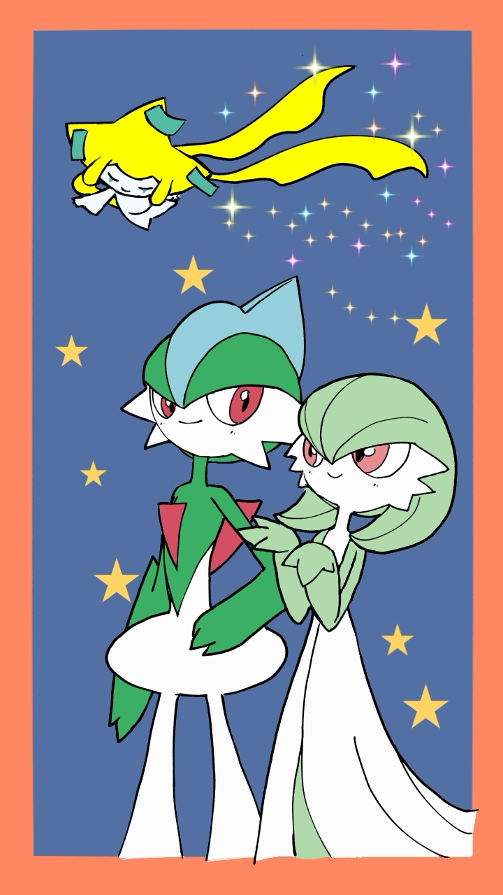 monya, gallade, gardevoir, jirachi, nintendo, pokemon, 1boy, 1girl, 1other, arm at side, blue background, blue hair, bob cut, border, closed eyes, closed mouth, colored skin, eye contact, flat chest, flat color, floating, full body, gen 3 pokemon, gen 4 pokemon, green hair, green skin, hair between eyes, hand on own hip, hands up, happy, legendary pokemon, looking at another, looking to the side, mohawk, multicolored hair, multicolored skin, mythical pokemon, orange border, pokemon (creature), red eyes, short hair, smile, sparkle, standing, star (symbol), two-tone hair, two-tone skin, u u, white skin
