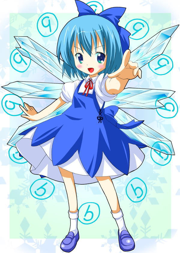 michii yuuki, cirno, phantasmagoria of flower view, touhou, jpeg artifacts, 1girl, blue eyes, blue hair, circled 9, dress, female focus, full body, matching hair/eyes, pointing, ribbon, solo, wings