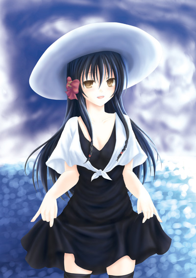 nabe (violetwave), minamoto chikaru, strawberry panic!, 00s, 1girl, black hair, black thighhighs, blush, bow, braid, clothes lift, cloud, day, dress, dress lift, female focus, hair bow, hat, long hair, outdoors, shirt, skirt hold, sky, smile, solo, sun hat, thighhighs, tied shirt, twin braids, water, yellow eyes, zettai ryouiki