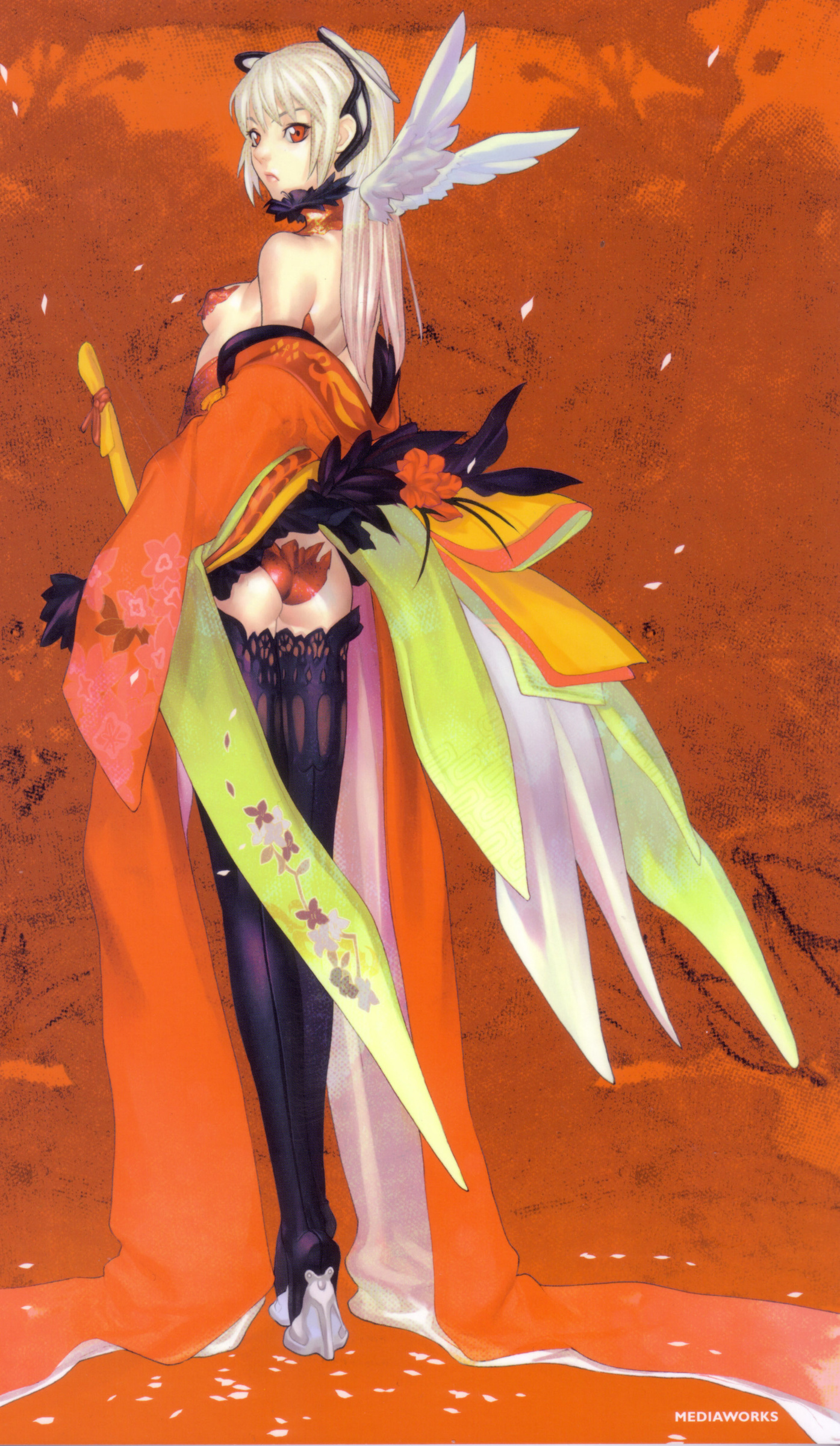 hakua ugetsu, jo (bakuretsu tenshi), absurdres, highres, scan, 1girl, ass, blonde hair, breasts, female focus, high heels, long hair, red eyes, shoes, solo, wings