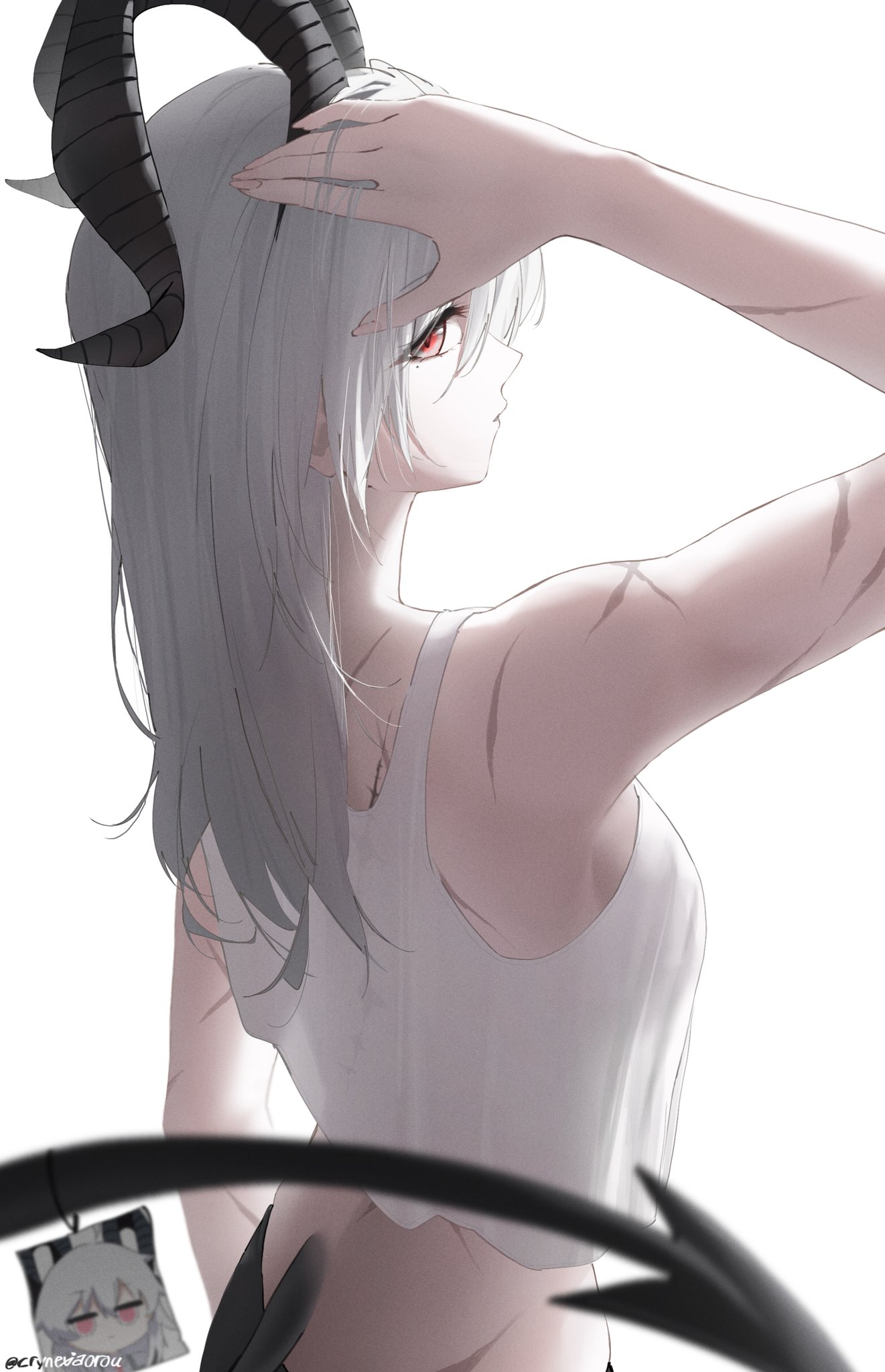 cryne, zani (wuthering waves), wuthering waves, commentary, english commentary, highres, 1girl, bare shoulders, black eyes, black horns, black tail, breasts, closed mouth, curled horns, demon tail, fingernails, from behind, hand up, horns, large breasts, mole, mole under eye, multicolored eyes, red eyes, scar, sideways glance, simple background, solo, tacet mark (wuthering waves), tail, tank top, twitter username, two-tone eyes, upper body, white background, white tank top