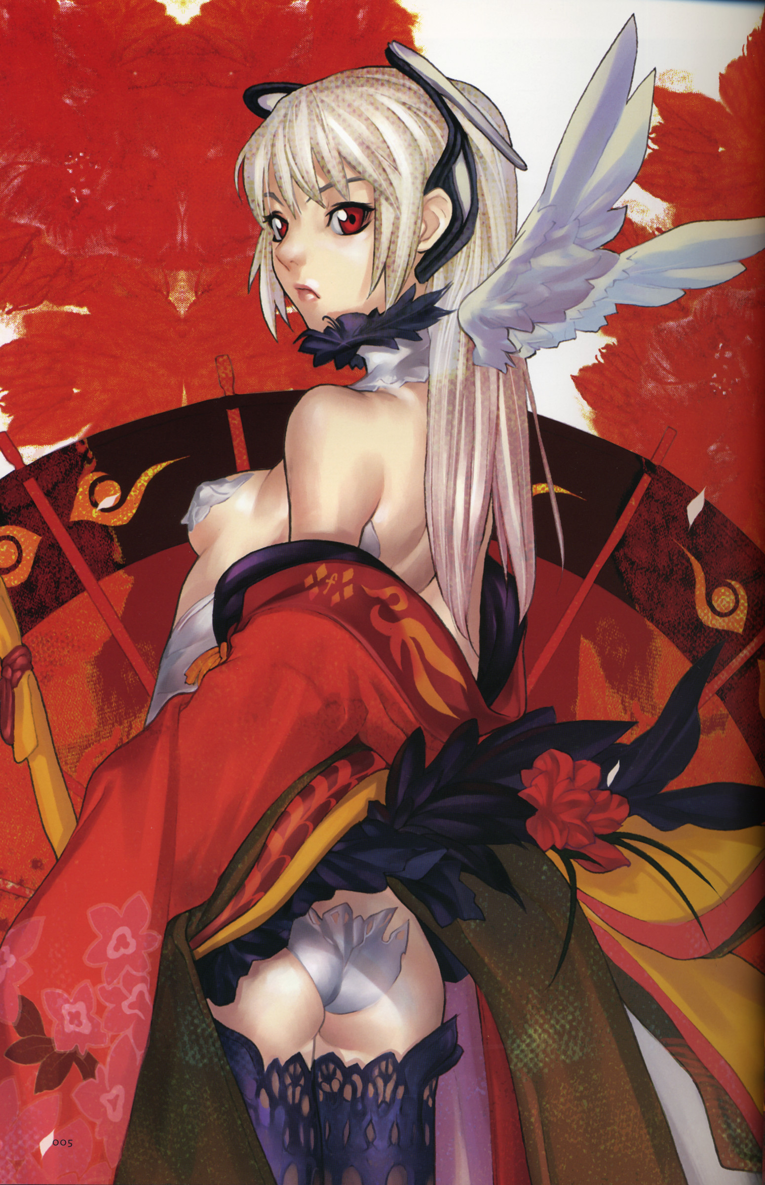 hakua ugetsu, jo (bakuretsu tenshi), absurdres, highres, scan, 1girl, ass, blonde hair, breasts, female focus, long hair, red eyes, solo, thighhighs, wings