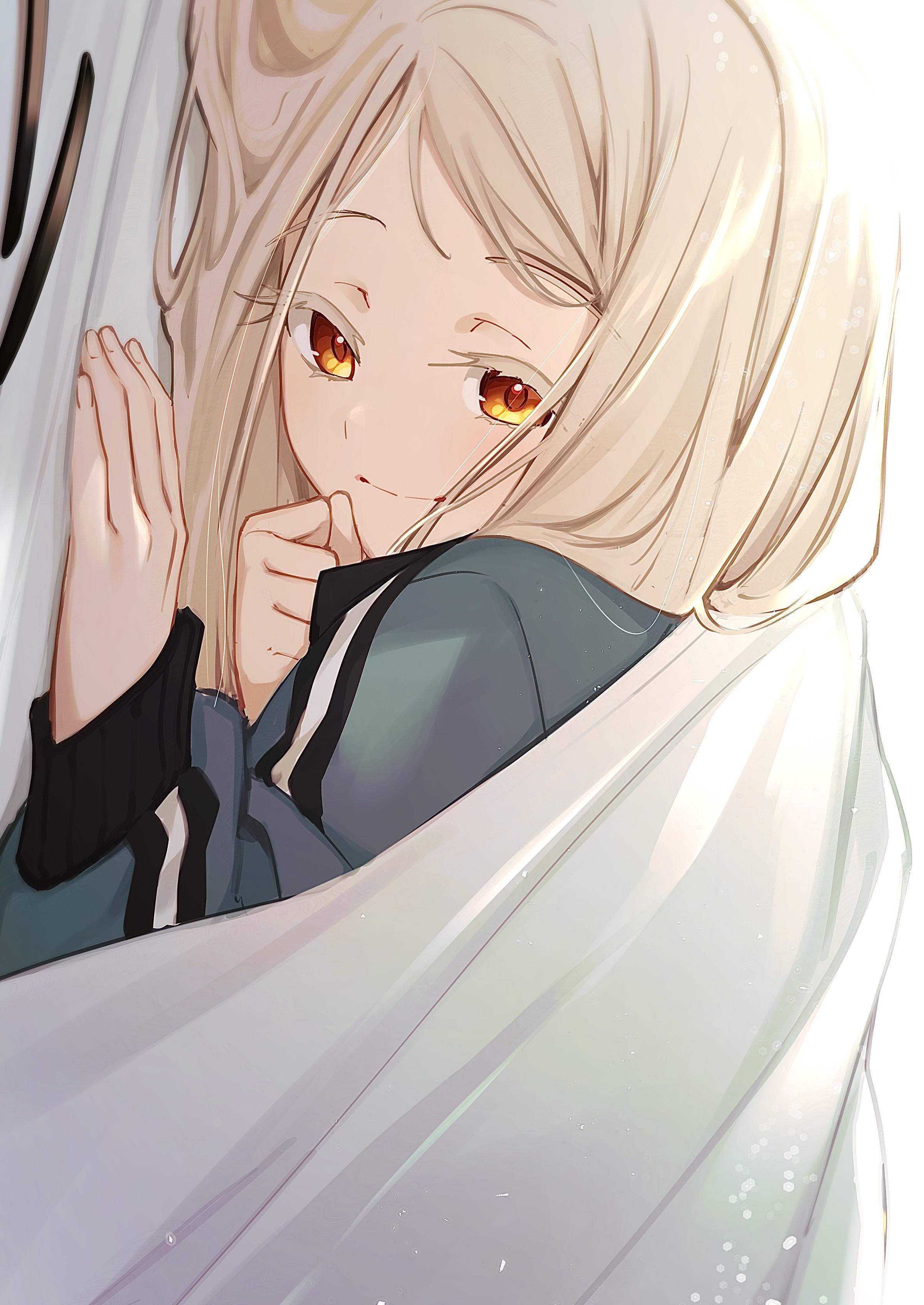 tamago sando, shinosawa hiro, gakuen idolmaster, idolmaster, absurdres, commentary request, highres, 1girl, blonde hair, closed mouth, green jacket, hair ornament, hairclip, jacket, long hair, long sleeves, looking at viewer, lying, orange eyes, sideways, smile, solo, track jacket, under covers, unworn hair ornament, unworn hairclip