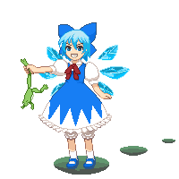 7c, cirno, embodiment of scarlet devil, touhou, animated, animated gif, lowres, 1girl, blue shoes, bow, female focus, frog, full body, jumping, shoes, simple background, smile, socks, solo, white background, wings