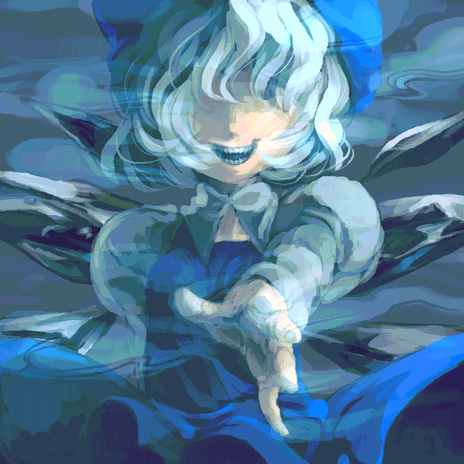 cirno, embodiment of scarlet devil, touhou, 1girl, blue theme, bow, covered eyes, fang, fangs, female focus, smile, solo, wings