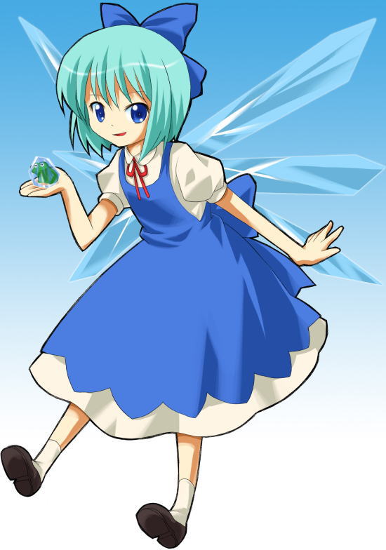 michii yuuki, cirno, embodiment of scarlet devil, touhou, jpeg artifacts, 1girl, blouse, blue background, dress, female focus, frog, full body, gradient background, ice, shirt, shoes, socks, solo, white background, white shirt, white shoes, wings