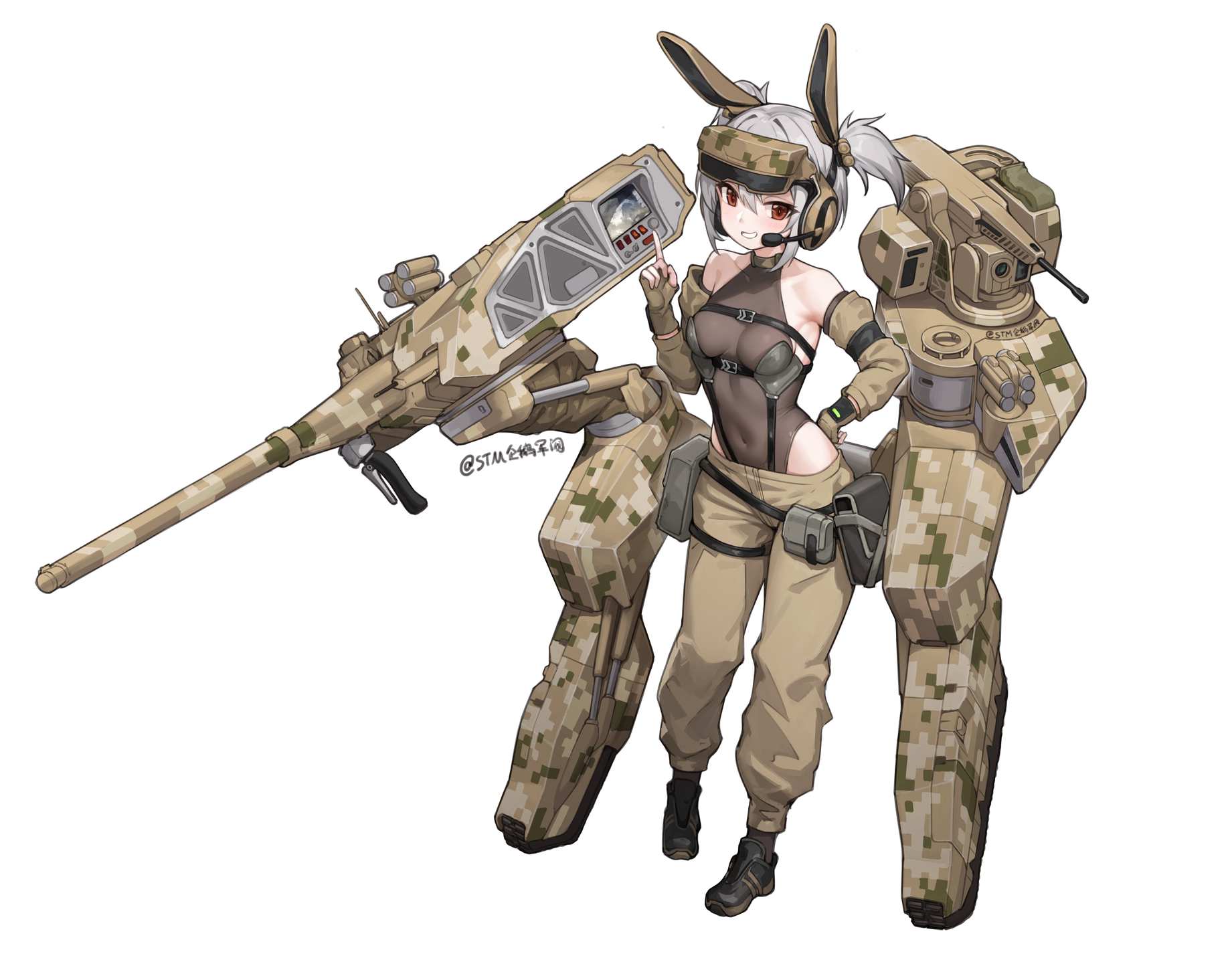 stmast, original, highres, 1girl, ammunition pouch, animal ears, bare shoulders, black leotard, boots, breasts, brown eyes, brown gloves, brown pants, detached sleeves, fake animal ears, fingerless gloves, gloves, grey hair, headphones, heattech leotard, leotard, looking at viewer, mecha musume, microphone, military, navel, open mouth, pants, pouch, rabbit ears, see-through clothes, see-through leotard, small breasts, solo, standing, stomach, tank turret, teeth, turtleneck, twintails, white background