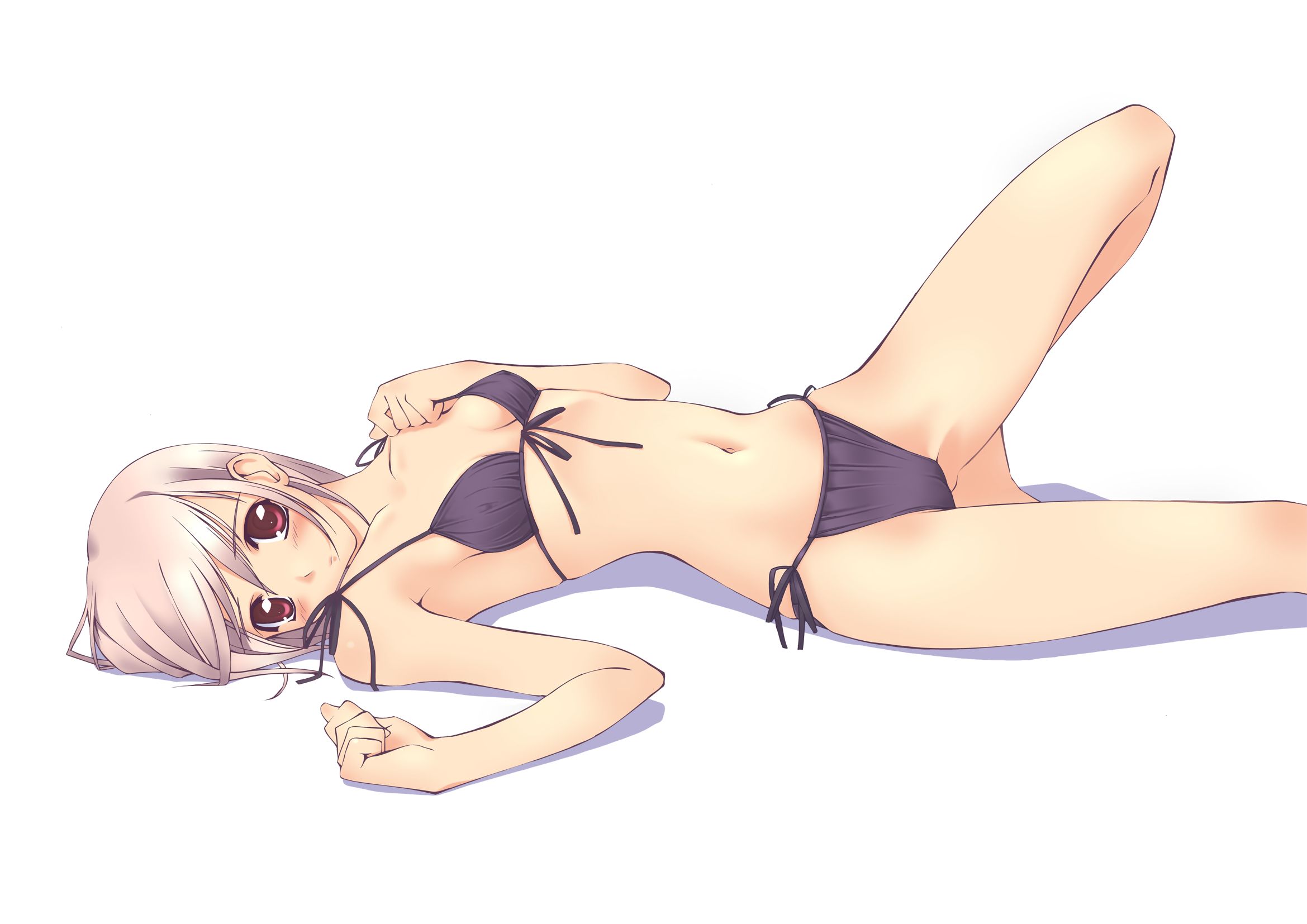 murakami suigun, f-ism, original, highres, 1girl, bikini, black bikini, blush, breasts, female focus, flat chest, side-tie bikini bottom, small breasts, solo, string bikini, swimsuit