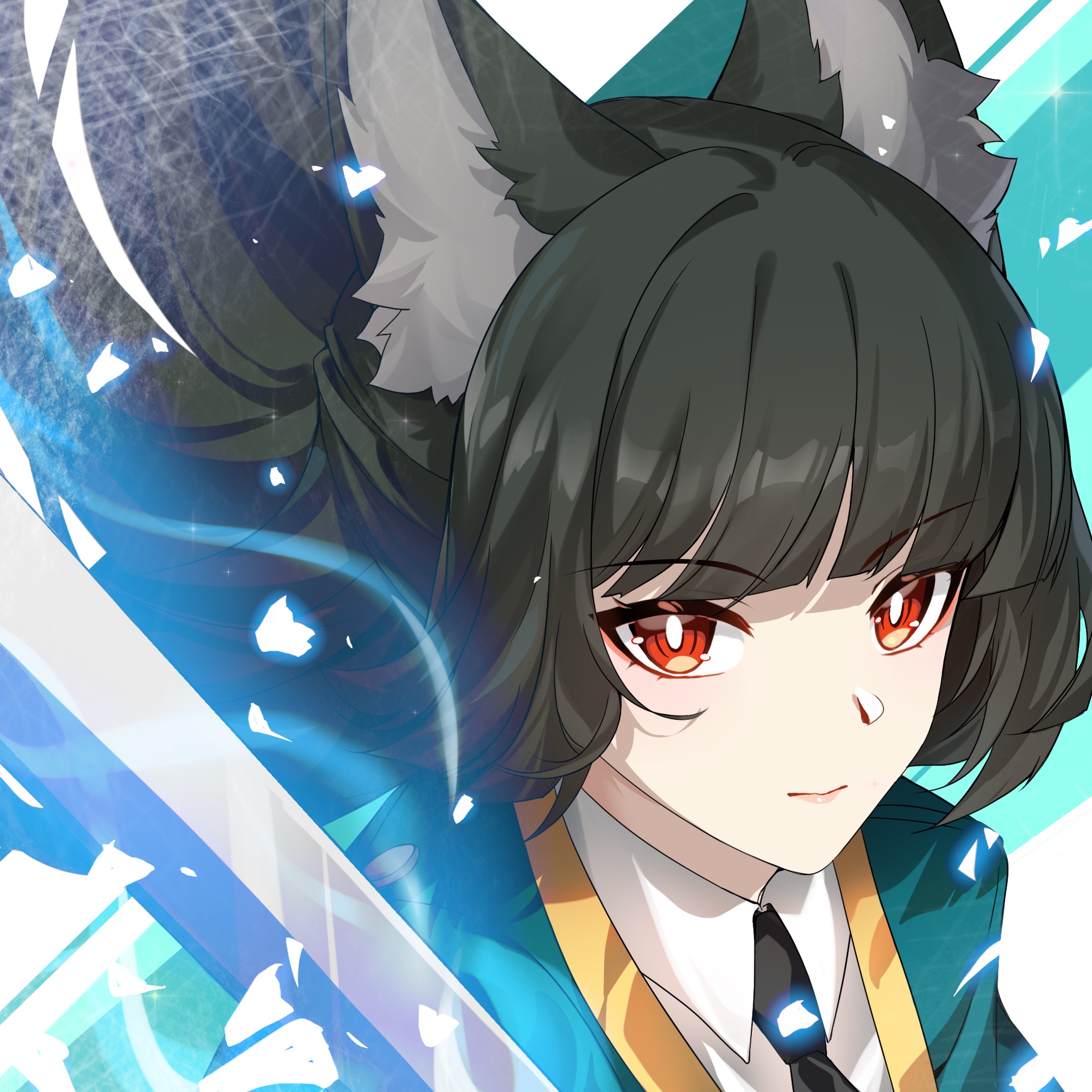cen (cenll), hoshimi miyabi, zenless zone zero, highres, 1girl, animal ear fluff, animal ears, blunt bangs, closed mouth, collared shirt, fox ears, fox girl, holding, holding sword, holding weapon, long hair, looking at viewer, portrait, red eyes, shirt, solo, sword, weapon