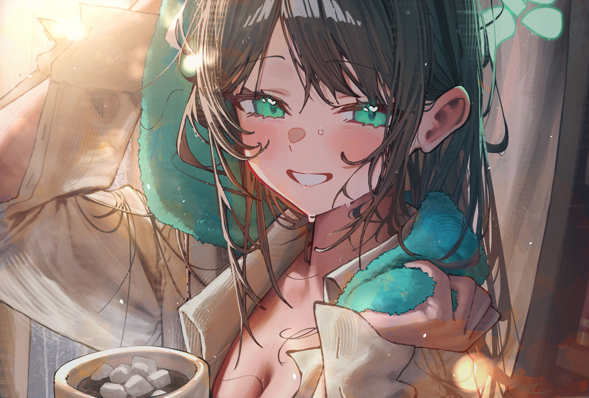 betabeet, airi (blue archive), blue archive, highres, 1girl, blush, breasts, brown hair, cleavage, green eyes, green halo, grin, halo, holding, holding towel, looking at viewer, shirt, sidelocks, smile, solo, towel, towel around neck, upper body, wet, wet hair, white shirt