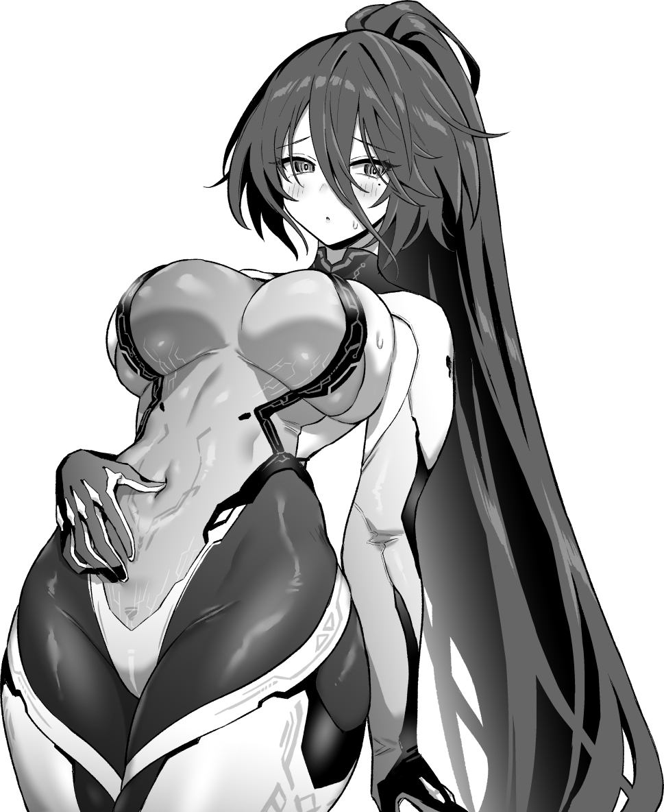 hori (hori no su), kansas (azur lane), azur lane, azur lane: slow ahead, 1girl, black hair, bodysuit, breasts, covered navel, greyscale, high heels, large breasts, long bangs, long hair, mole, mole under eye, monochrome, parted lips, simple background, solo, very long hair, white background