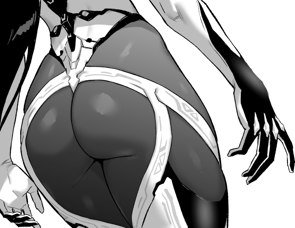 hori (hori no su), kansas (azur lane), azur lane, azur lane: slow ahead, 1girl, ass, ass focus, black hair, bodysuit, from behind, greyscale, long hair, monochrome, simple background, solo, white background