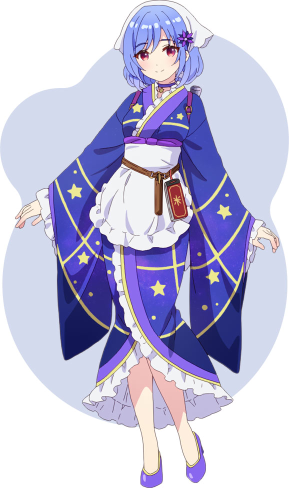 morikura en, houkiboshi (prima doll), prima doll (anime), official art, 1girl, anime coloring, apron, blue background, blue hair, blue kimono, blush, bob cut, breasts, choker, closed mouth, frilled apron, frilled kimono, frills, full body, hair ornament, high heels, japanese clothes, kimono, long sleeves, looking at viewer, medium breasts, purple choker, purple eyes, purple shoes, shoes, short hair, smile, solo, standing, star (symbol), star print, tenugui, two-tone background, waist apron, white apron, white background, wide sleeves