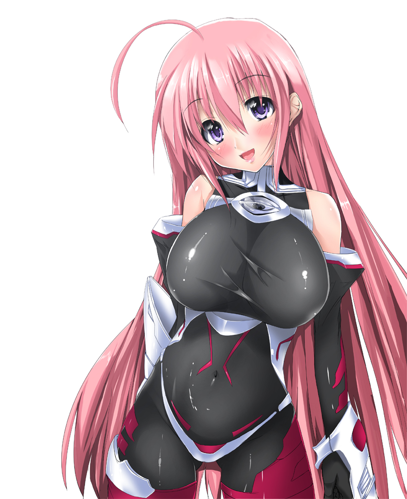 noto kurumi, original, pilot suit, 1girl, ahoge, black bodysuit, blush, bodysuit, breasts, elbow gloves, female focus, gloves, huge breasts, impossible clothes, impossible shirt, large breasts, latex, long hair, pink hair, purple eyes, shiny clothes, shirt, simple background, skin tight, solo, very long hair