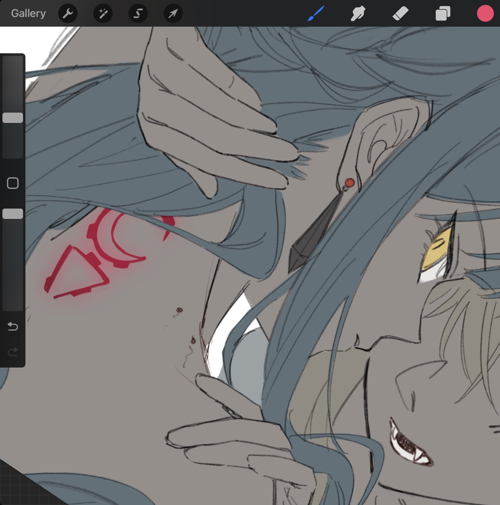 misumi uika, oblivionis (bang dream!), togawa sakiko, bang dream!, bang dream! it's mygo!!!!!, commentary, highres, procreate (medium), symbol-only commentary, 2girls, art program in frame, bite mark, bite mark on neck, blonde hair, blue hair, earrings, fangs, jewelry, long hair, multiple girls, neck tattoo, omo cccc, open mouth, sidelocks, tattoo, yuri