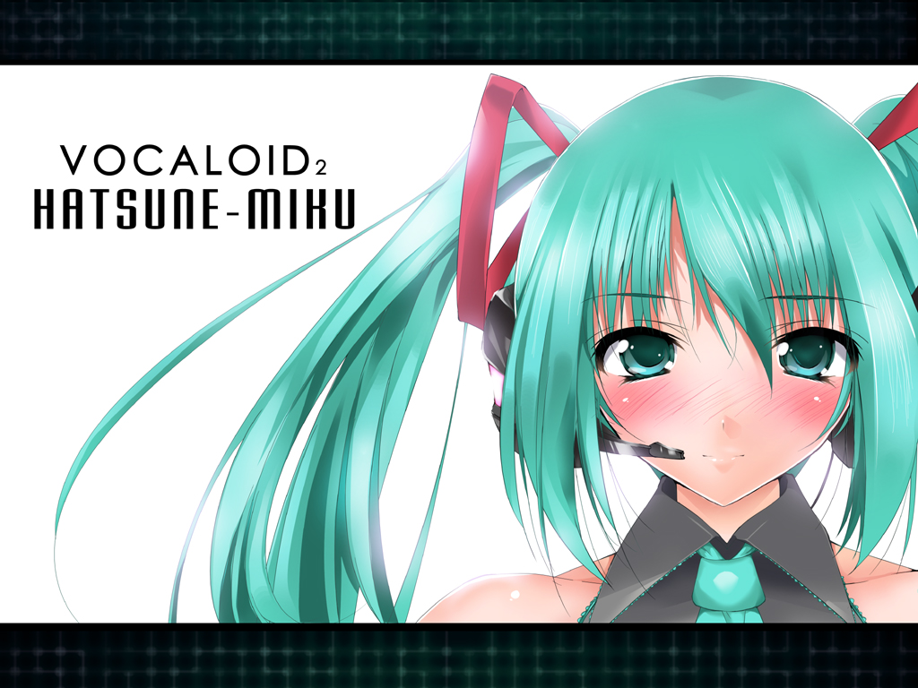 noto kurumi, hatsune miku, vocaloid, 1girl, blush, female focus, green hair, headphones, long hair, necktie, solo, twintails