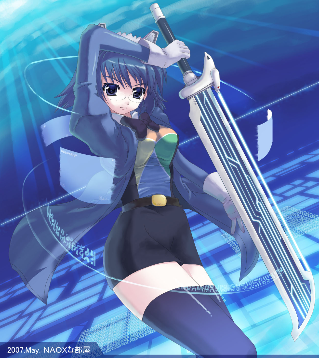 naox, 2k-tan, microsoft windows, original, highres, blue eyes, blue hair, glasses, gloves, short hair, skirt, solo, sword, thighhighs, weapon, white gloves, zettai ryouiki